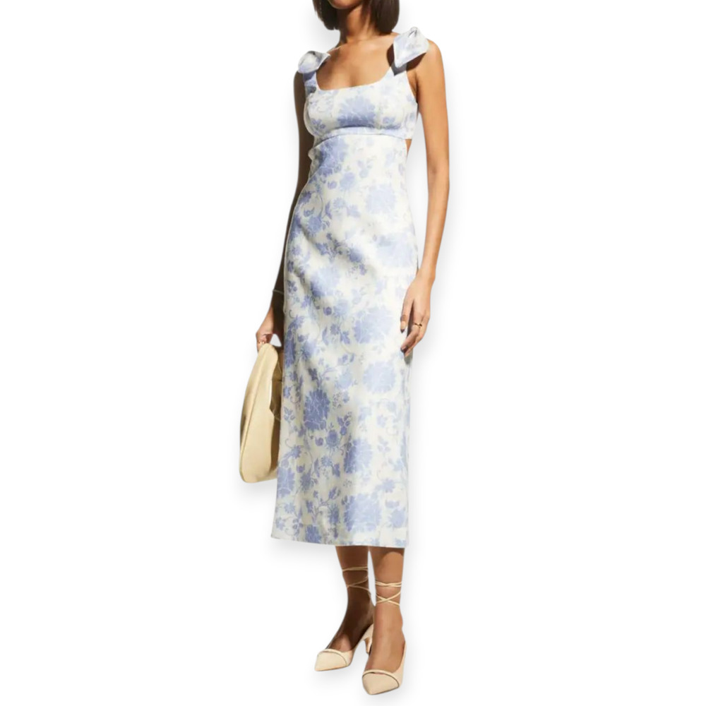 Zimmermann Postcard Blue White Floral Tie-Shoulder Midi Dress Size Large‎